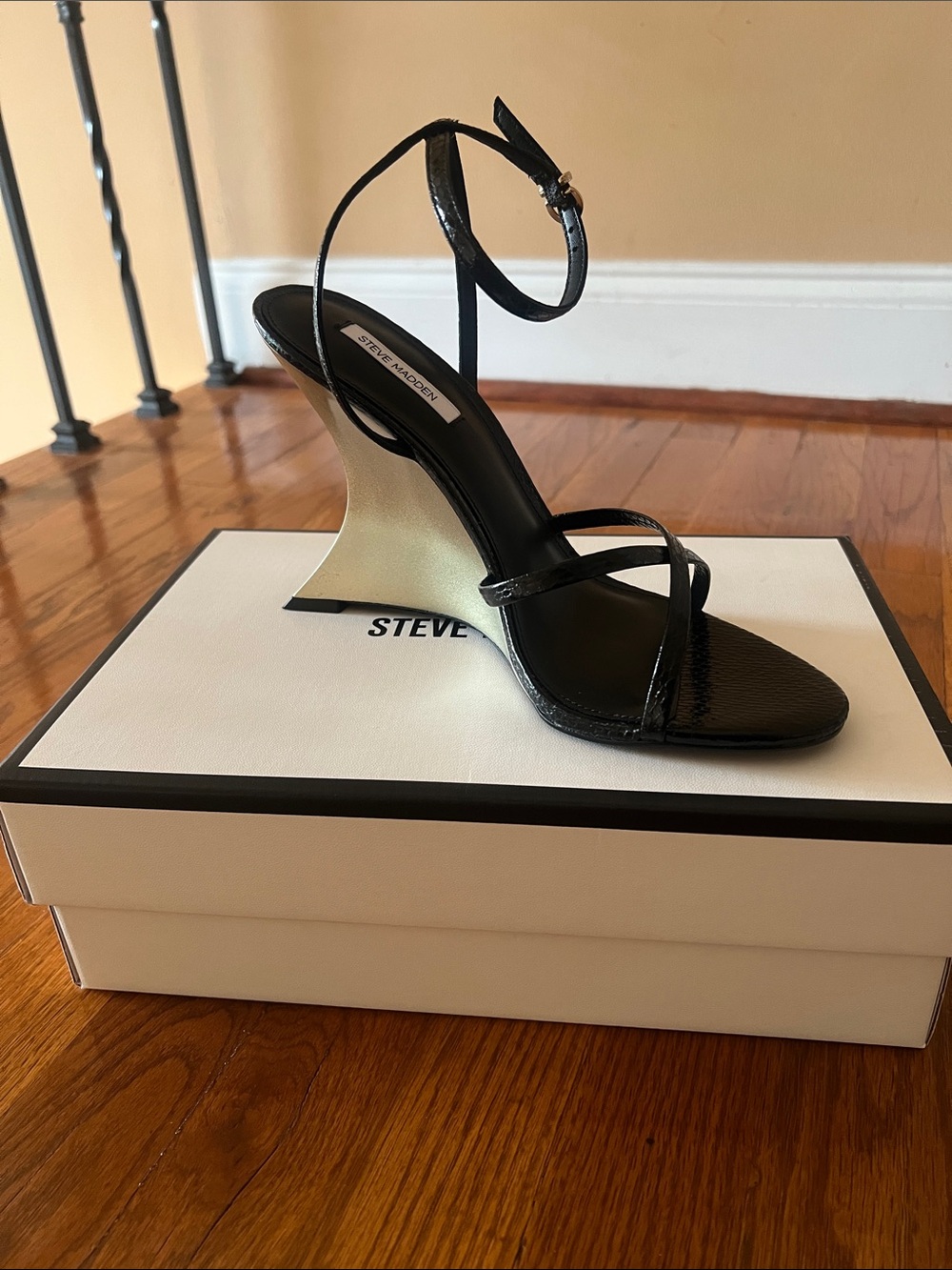 Steve Madden Black Strappy Sculptural Wedge Sandal